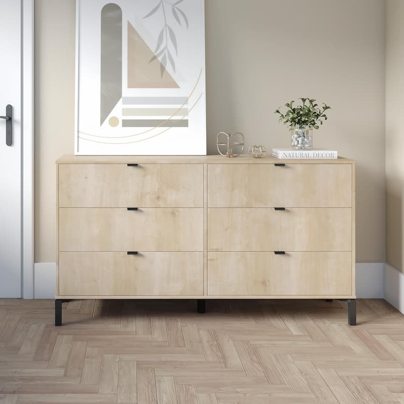 HomeRoots 59" Light Natural Manufactured Wood with Black Six Drawer Double Dresser