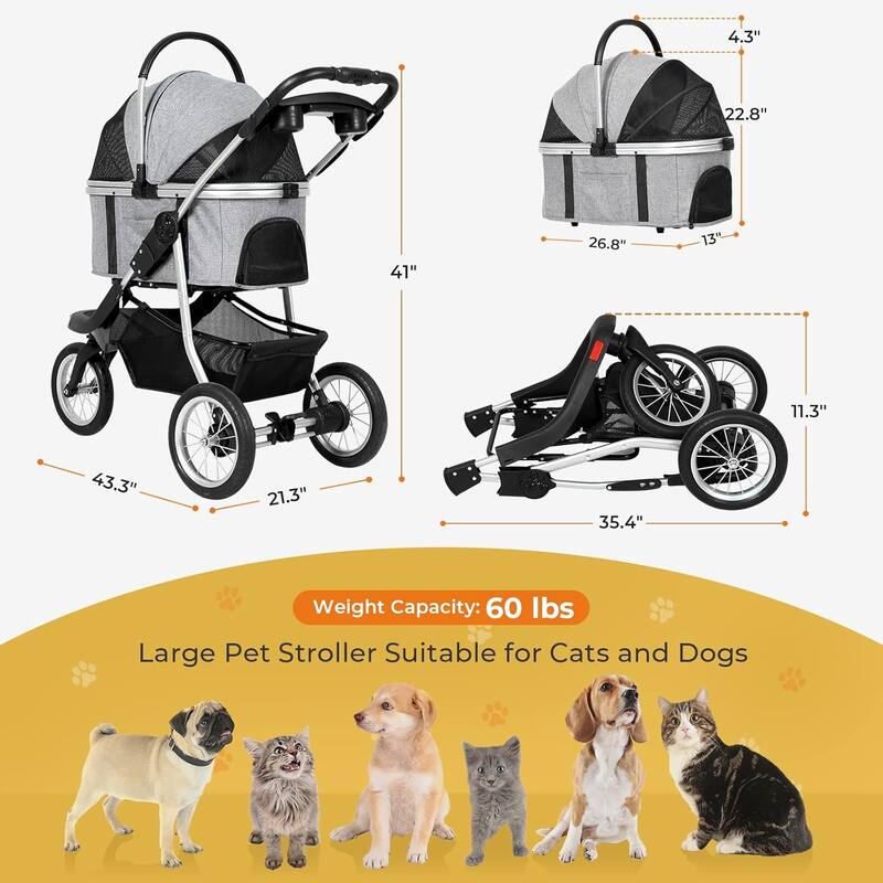 3 in1 Folding Dog/Cat Stroller for Medium Small Pets