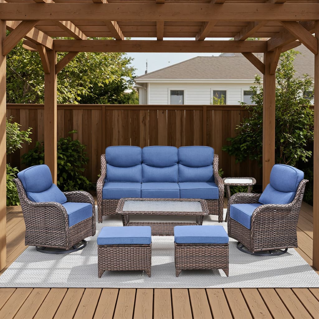 Meyreso 7-Piece Wicker Patio Conversation Set with Swivel Gliders and 6-Inch Thick Cushions