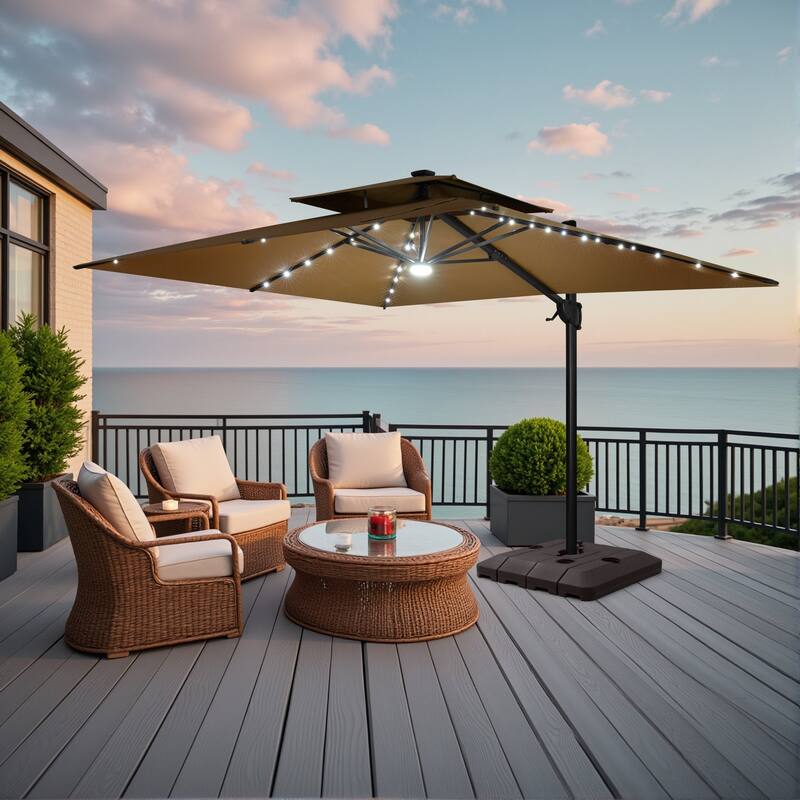 9 FT x 11 FT Outdoor Double Top LED Lighted Patio Cantilever Umbrella with Base