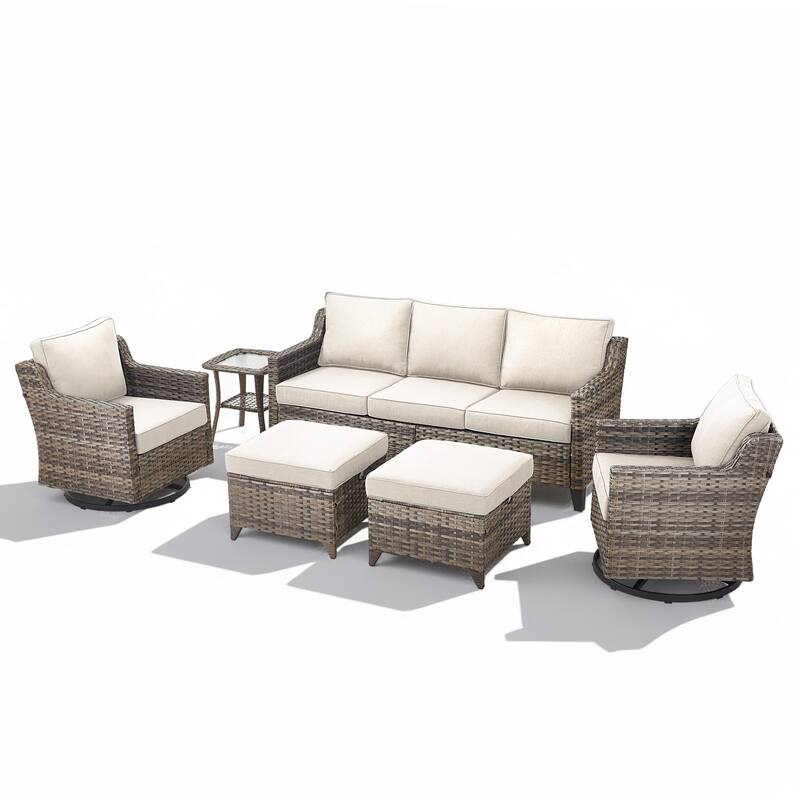 Glissia 6-Piece Gray Wicker Patio Conversation Set with Swivel Gliders and Ottomans