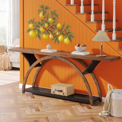 Farmhouse Industrial Console Table with Curved Base 2 Tier Wood Grain Top Metal Frame Entryway Hallway Sofa Table