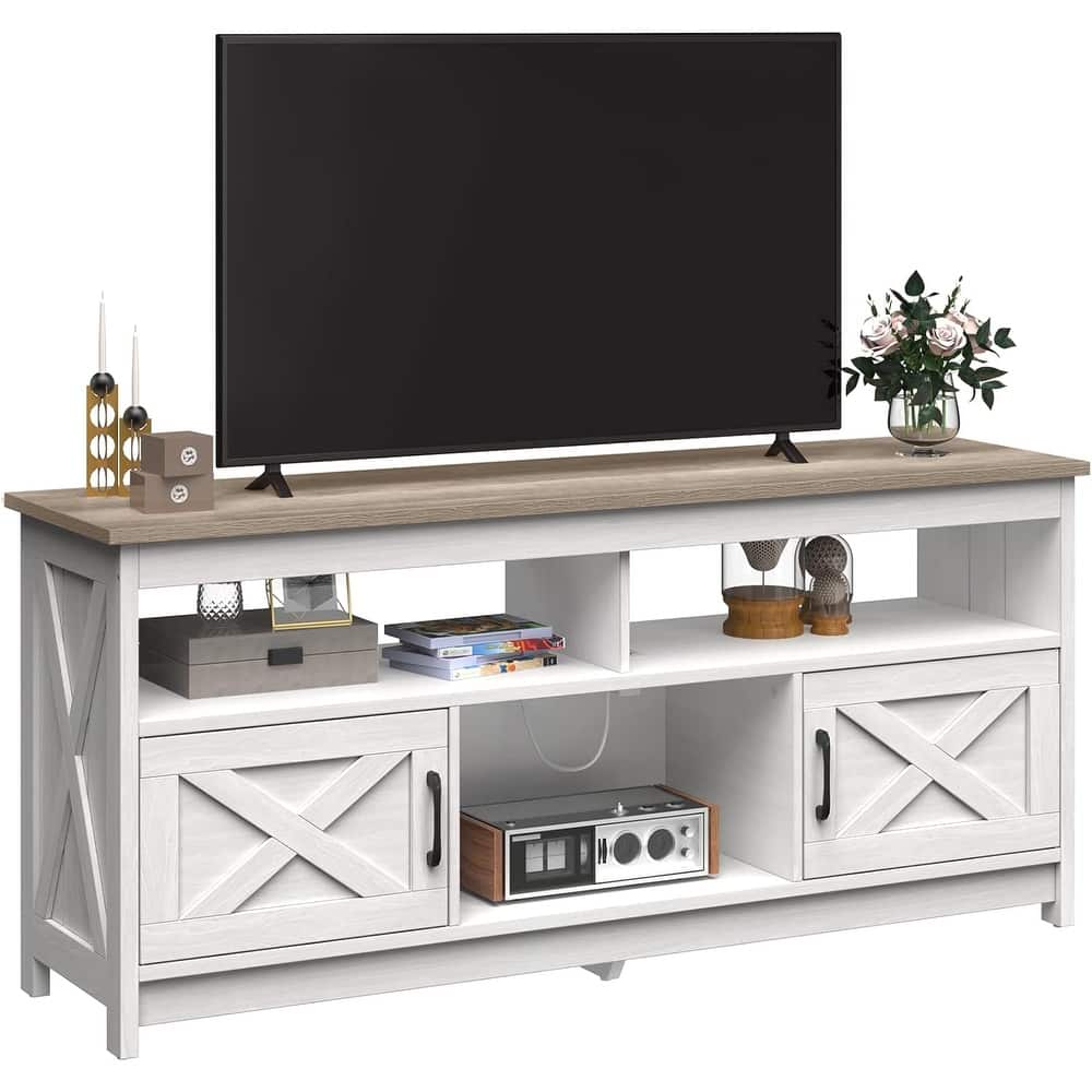 Moasis Farmhouse Barn Door Wood TV Stand with Power Outlet, Entertainment Center with Shelves for TV up to 65"