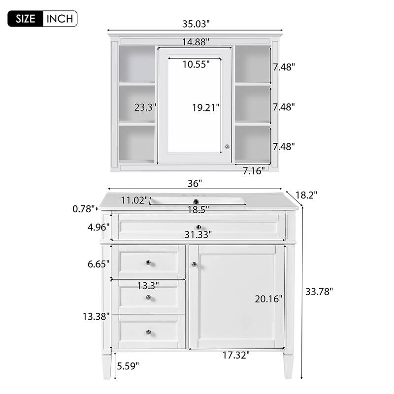 GDFStudio - Carramore Modern Bathroom Vanity Set with Ceramic Sink, Medicine Cabinet, 2 Soft Closing Doors & Drawers - 36'W