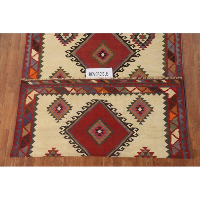 Beige Kilim Qashqai Persian Vintage Area Rug Hand-Woven Wool Carpet - 4'11" x 7'9"