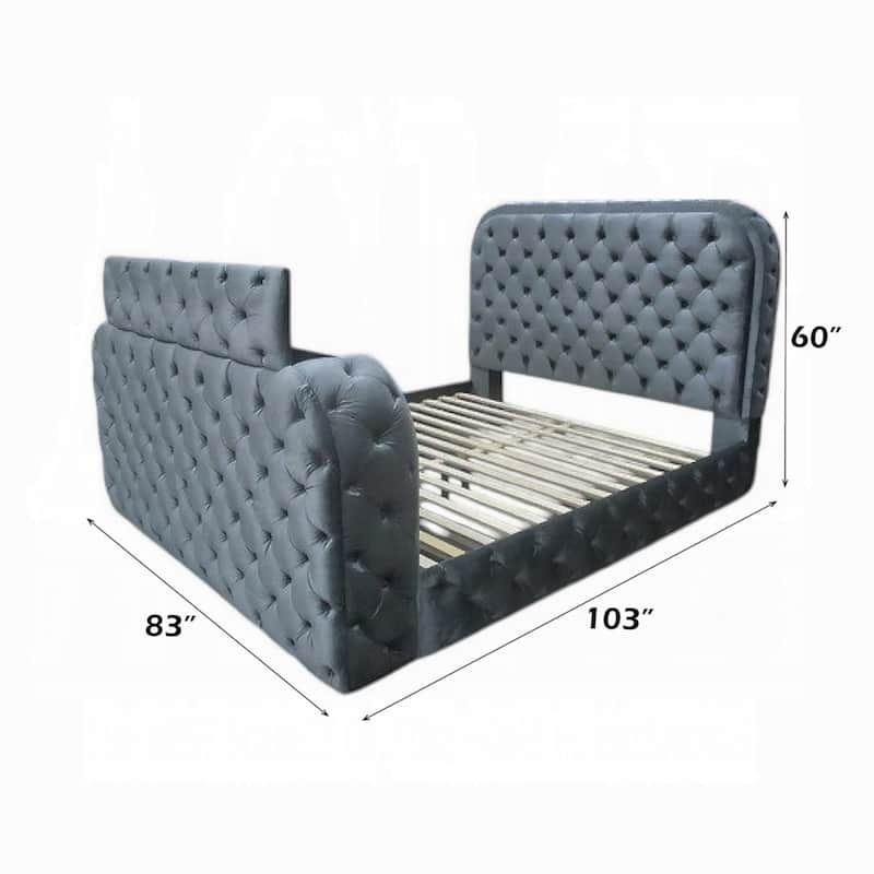 Kerie King Bed with LED Fireplace, Hidden Lift TV Stand, Gray Velvet