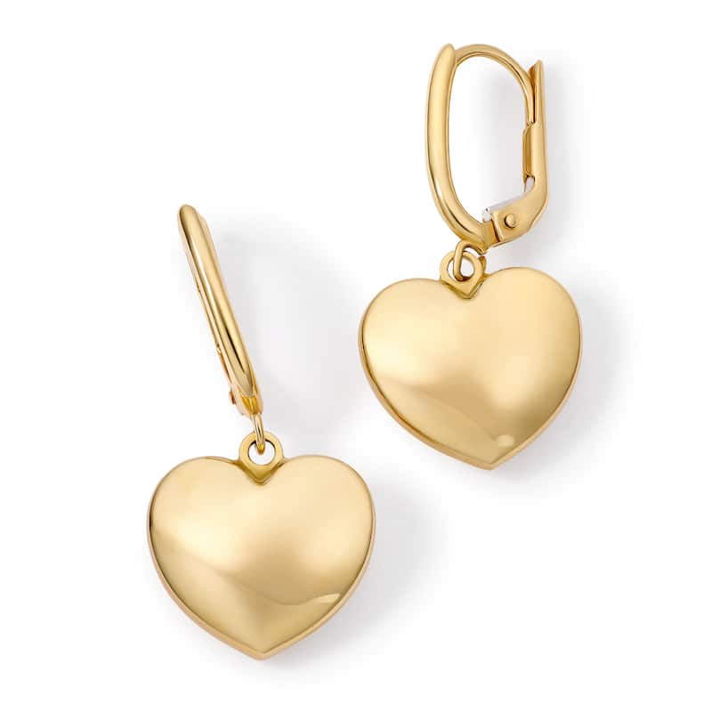 Clover 14k Yellow Gold High-Polish Puffed Heart Leverback Earrings