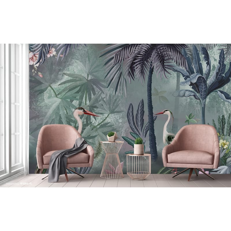 Serene Tropical Oasis Wallpaper Mural Herons and Palm Trees