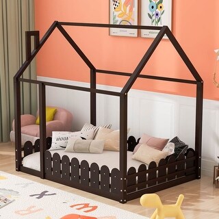 Espresso Full Size Wood Bed House Bed Frame with Fence