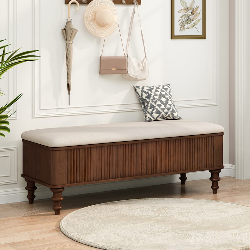 50.8" Multi-Functional Storage Ottoman Bench with Linen Seat, Solid Rubberwood Bed End Bench, Entryway Storage Bench