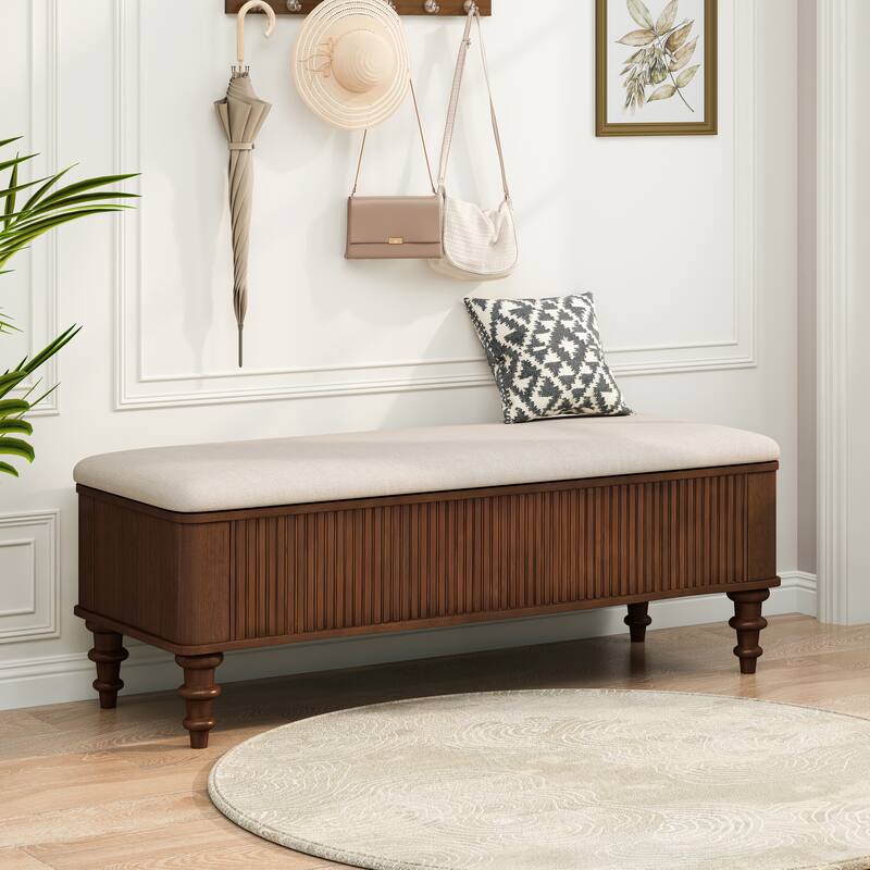GDFStudio Vaelorian Solid Rubberwood Storage Ottoman Bench with Linen Seat