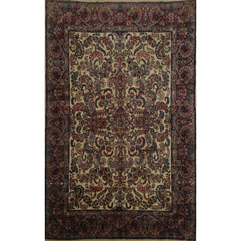 Hand Knotted Oriental 100% Wool Carpet Traditional Floral Beige & Ivories Kerman Area Rug - 11' 9'' X 8' 10''
