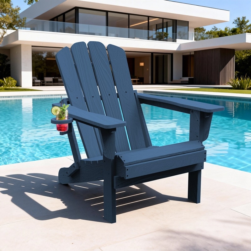 Domi Folding Adirondack Chair,Wooden Textured with Cup Holder, Heavy All-Weather HDPE Comfortable Set Poolside Backyard Lawn
