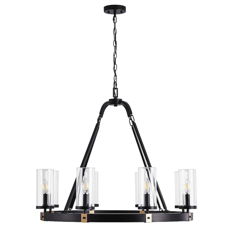Industrial Rustic 8-Light Wagon Wheel Metal Candle Style Chandelier with Clear Glass Shade