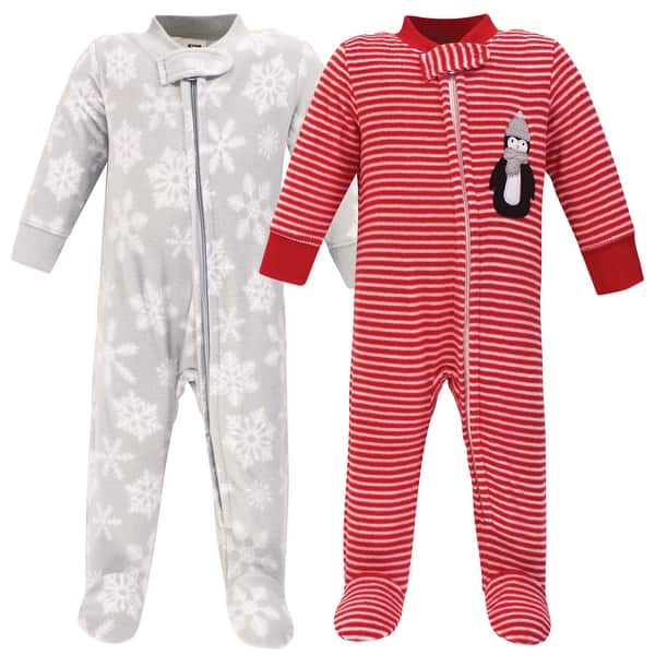 slide 1 of 1, Hudson Baby Baby Fleece Zipper Sleep and Play 2pk, Red Penguin 0-3 Months - Red Penguin