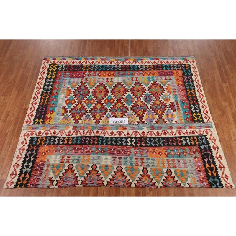 Southwestern Style Geometric Kilim Area Rug Hand-Woven Wool Carpet - 8'4" x 9'9"