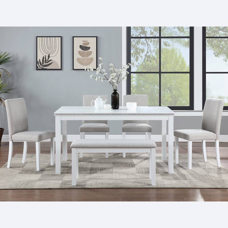 Upholstered Bench and Back Padded Dining Chairs, White Dining Table with Crystal Decoration, Kitchen Table and Chairs Set