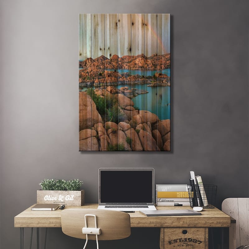Rainbow Over Granite Dells At Watson Lake, Arizona Print On Wood by Tim Fitzharris - Multi-Color