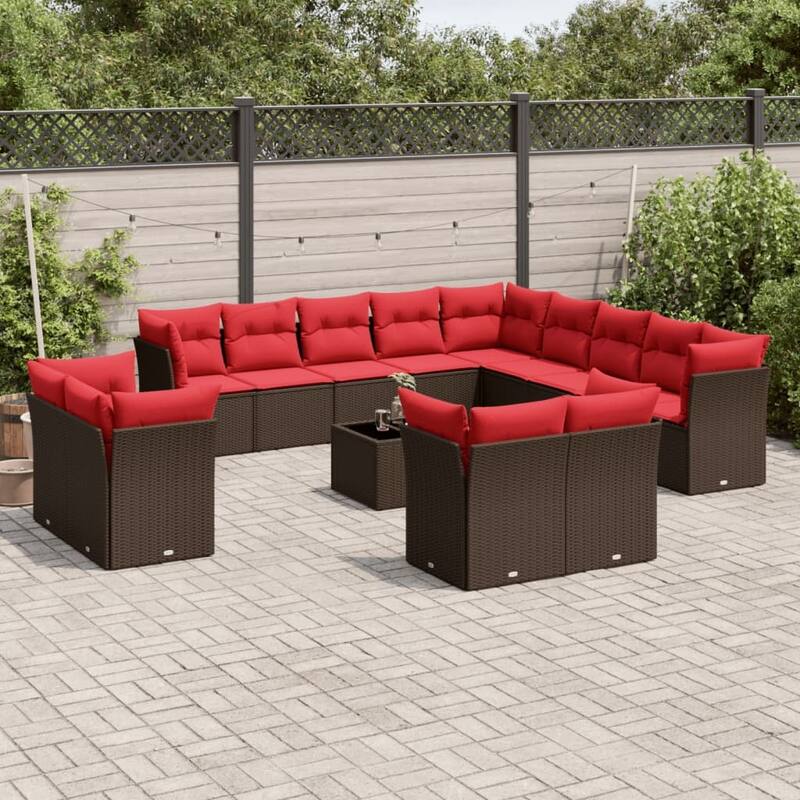 vidaXL Patio Sofa Set with Cushions Outdoor Conversation Furniture Poly Rattan - 21.7" x 24.4" x 27.2" - Brown and red with table