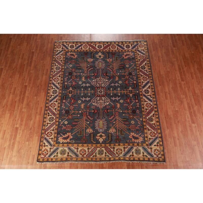 Gray Blue Geometric Oushak Oriental Area Rug Hand-Knotted Wool Carpet - 7'10" x 9'10"