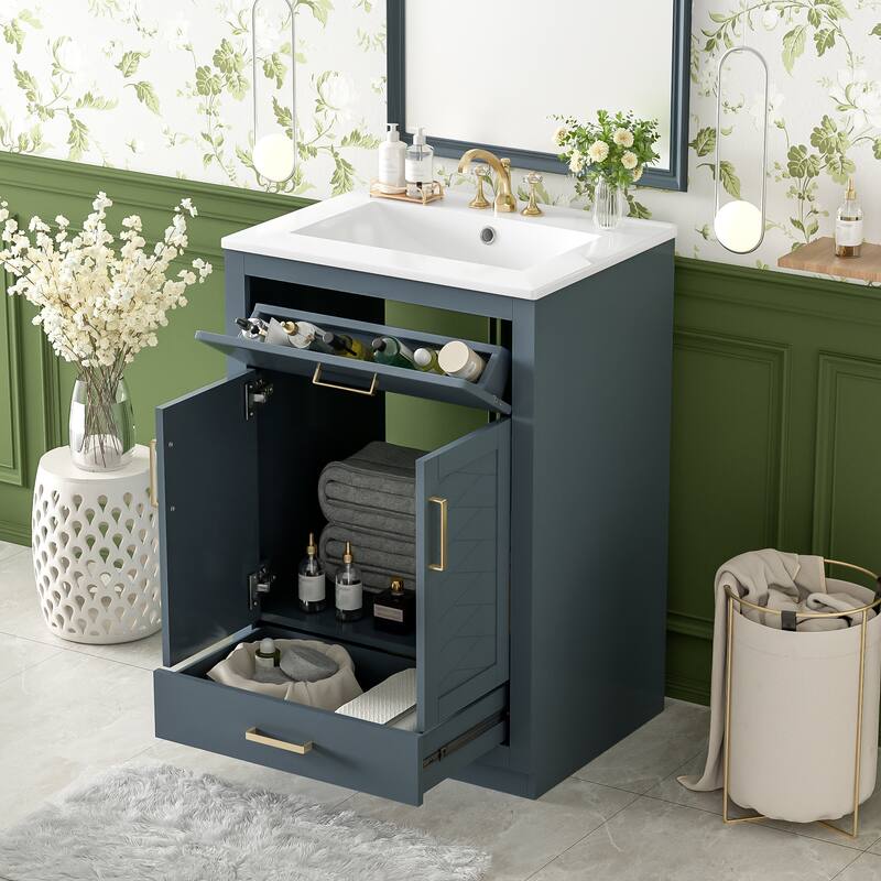 24'' Freestanding Bathroom Vanity with White Integrated Ceramic Sink - 24'' x 18.3'' x 34.5''