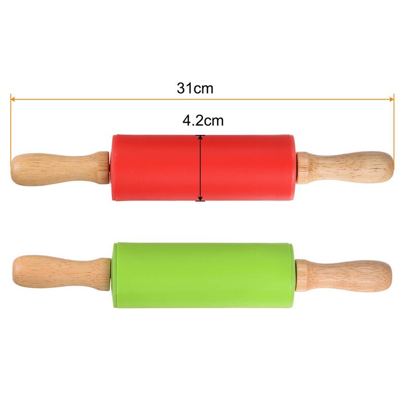 Silicone Rolling Pins for Baking Wood Handle 31cm x 4.2cm Red & Green - Red & Green - Red & Green