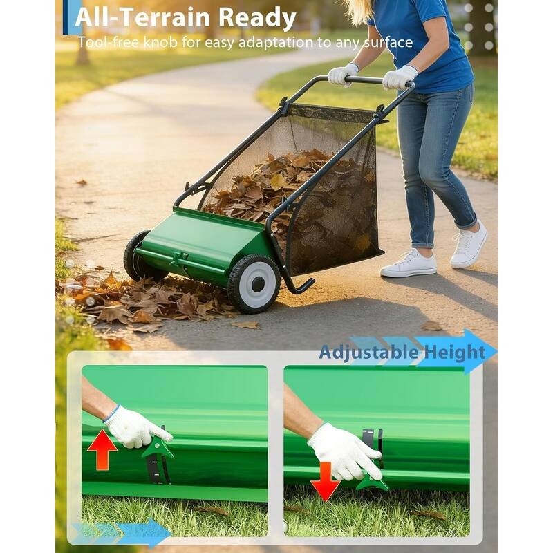 21-Inch Push Lawn Sweeper 35 cu. ft. Capacity Adjustable Height for Grass Leaves and Debris