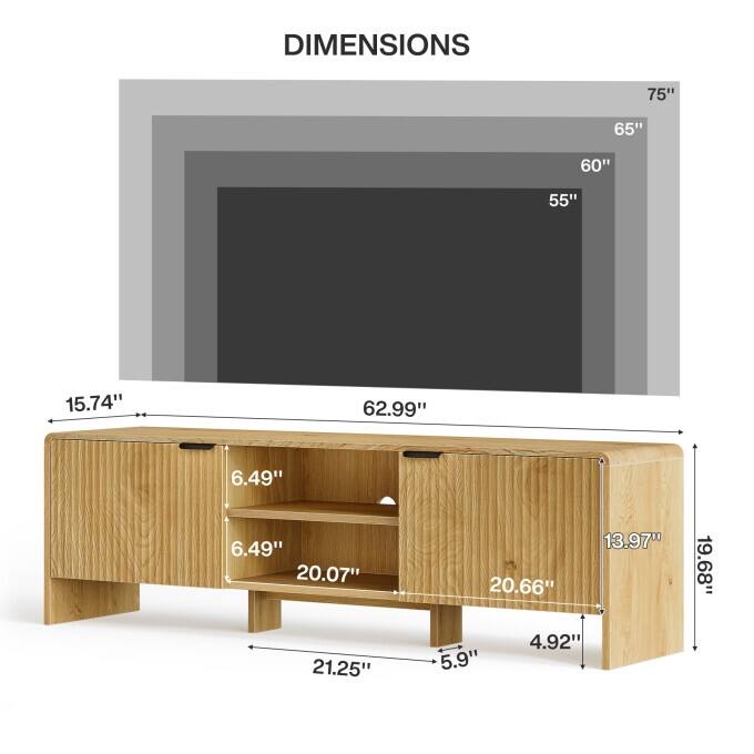 63" Modern TV Stand With Storage, Wooden Low Console Table