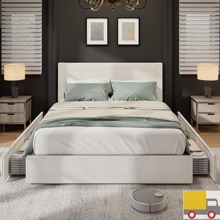 Platform Bed with Channel Tufted Corduroy Headboard and 4 Storage Drawers
