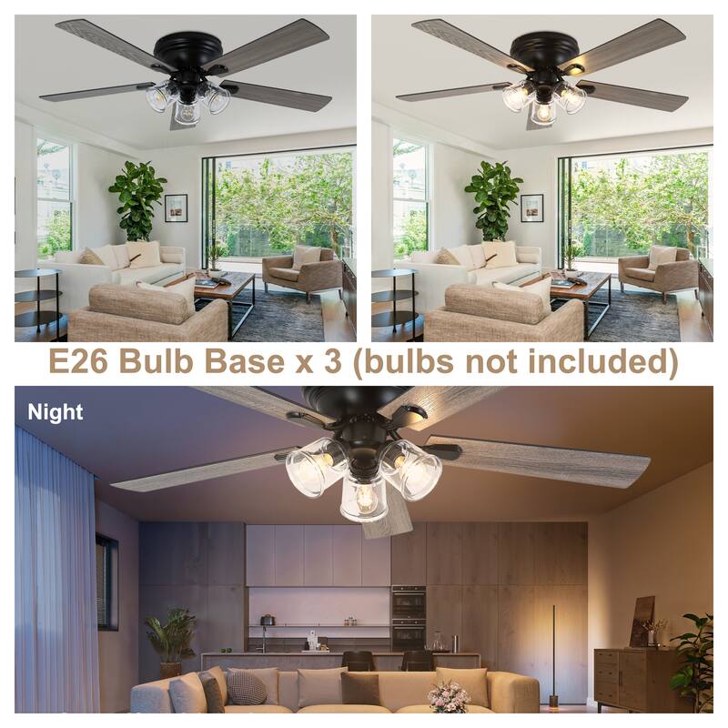 Bella Depot 52" 3-Light Brown Flush Mount Ceiling Fan with Light and Remote Control 6-speed Reversible Timer DC Motor