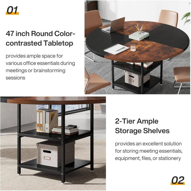 47-Inch Round Wood Conference Table with Storage Shelf Office Training Desk for Conference/Seminar Room