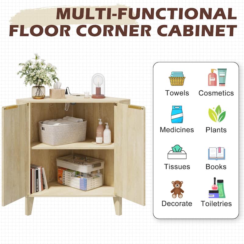 EROMMY Fluted Wood Corner Storage Cabinet with Power Strip, Adjustable Shelf, Small Space Corner Unit