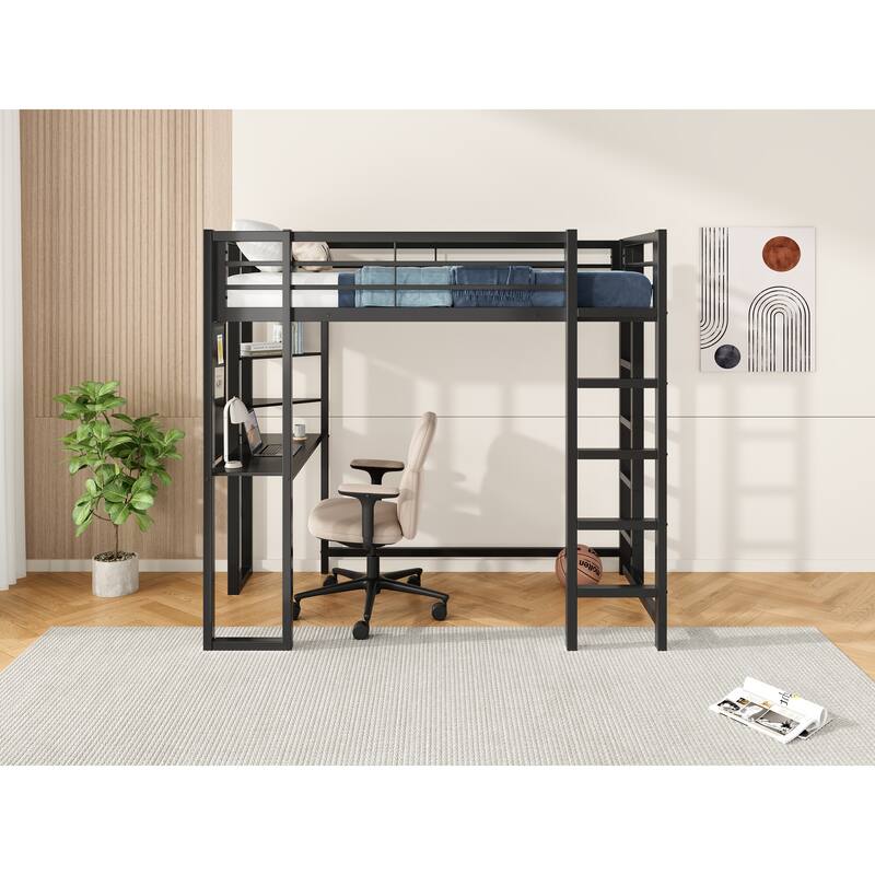 Twin Size Metal Loft Bed with Integrated Desk and Storage, Study & Sleep Space-Saving Solution