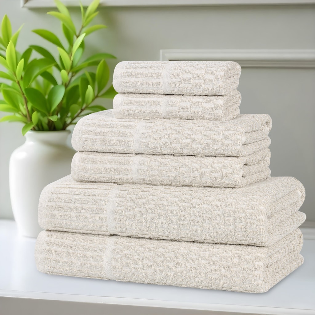 Blue Nile Mills Cotton Blend Medium Weight Checkered Border 6 Piece Towel Set