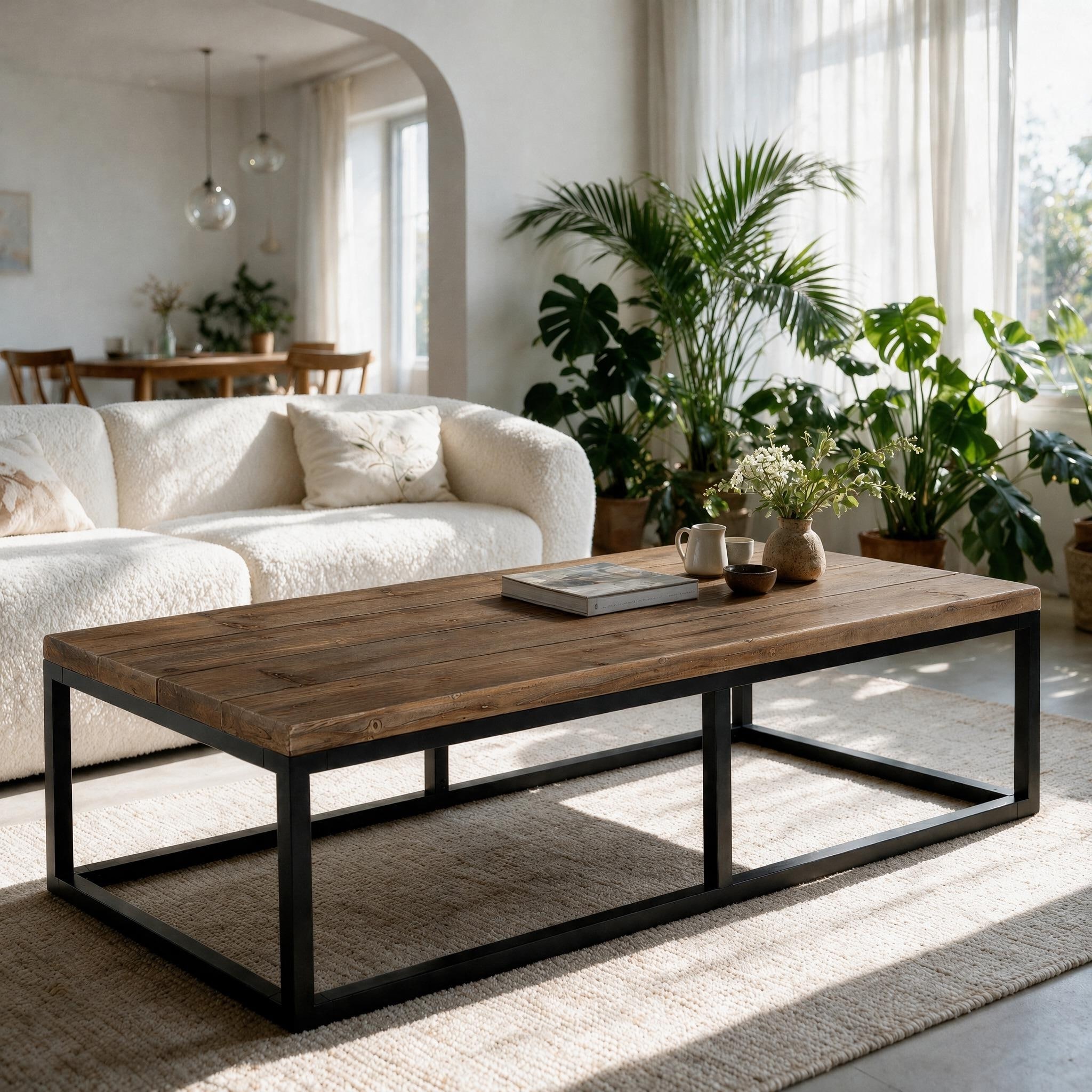 55" Solid Wood Coffee Table for Living Room, Rectangular Center Table - 25.6"D x 55.1"W x 19.7"H