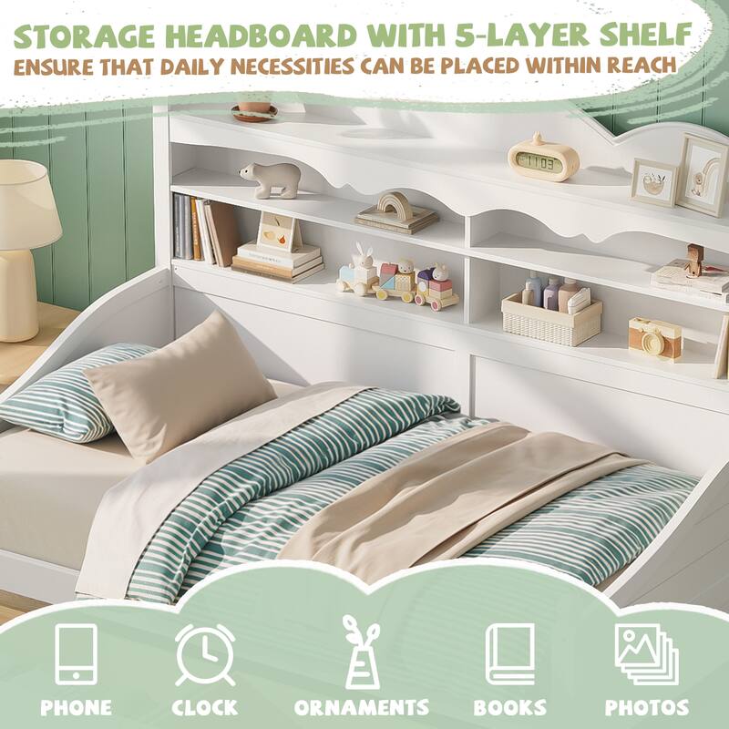 Twin Daybed with Storage Drawers and Headboard Shelving Wooden Frame