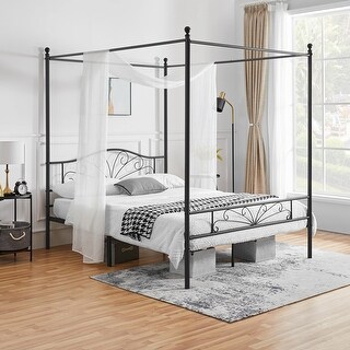 Full Size Four-Poster Canopied Metal Platform Bed with Arched Headboard ...