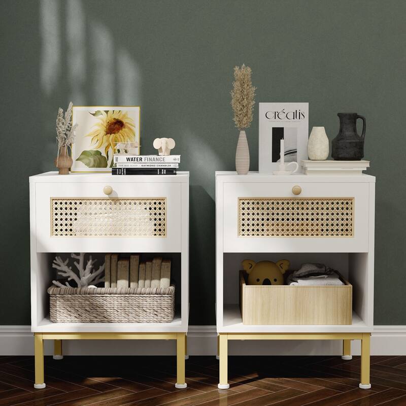 Rattan End Table/ Nightstand with Drawer, Farmhouse Boho Bed Side Table