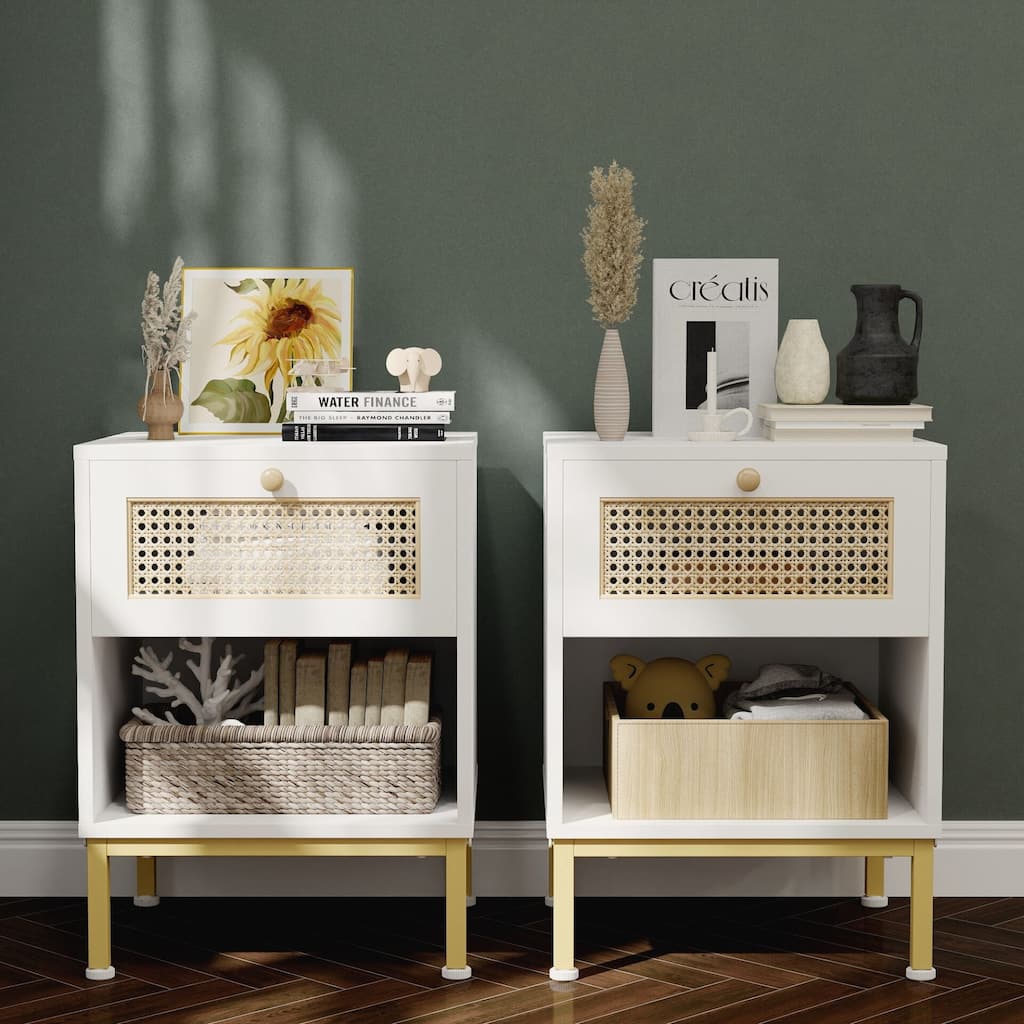 Rattan End Table/ Nightstand with Drawer, Farmhouse Boho Bed Side Table