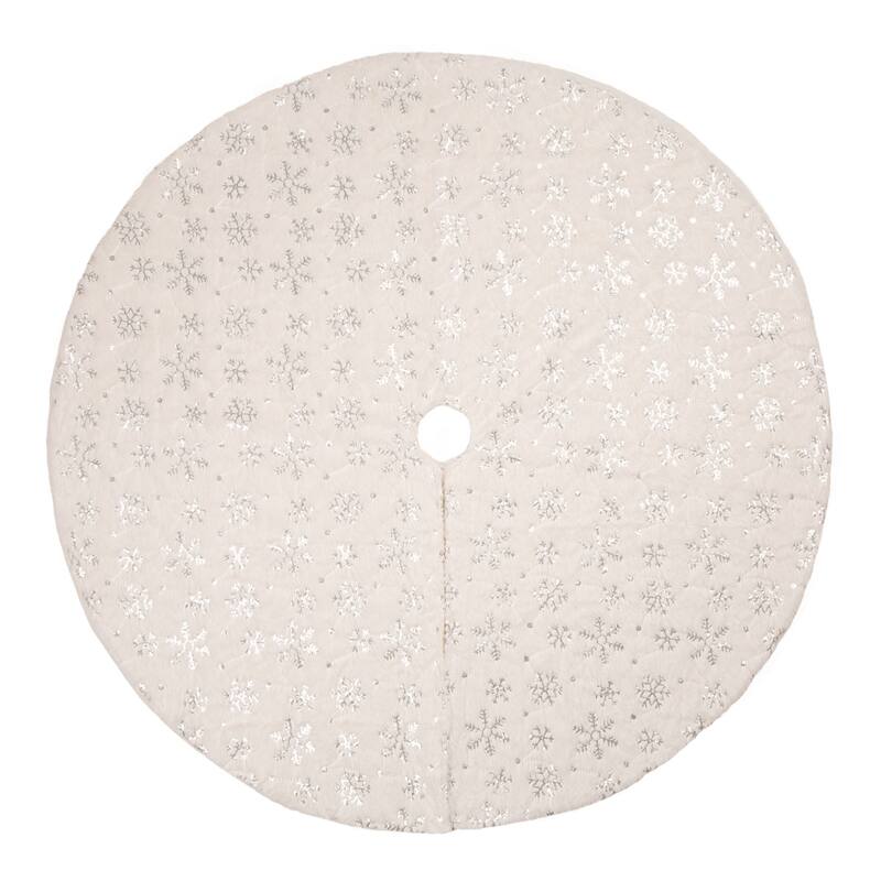 Glitzhome 48"D White Plush with Snowflake Christmas Tree Skirt
