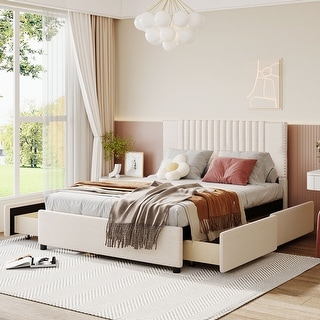Full Size Upholstered Platform Bed With Classic Headboard And 4 Drawers, Linen Fabric