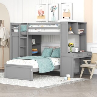 Multifunctional Design Loft Bed with Ladder, Wardrobe, Desk and Bookshelves, Full size, Grey