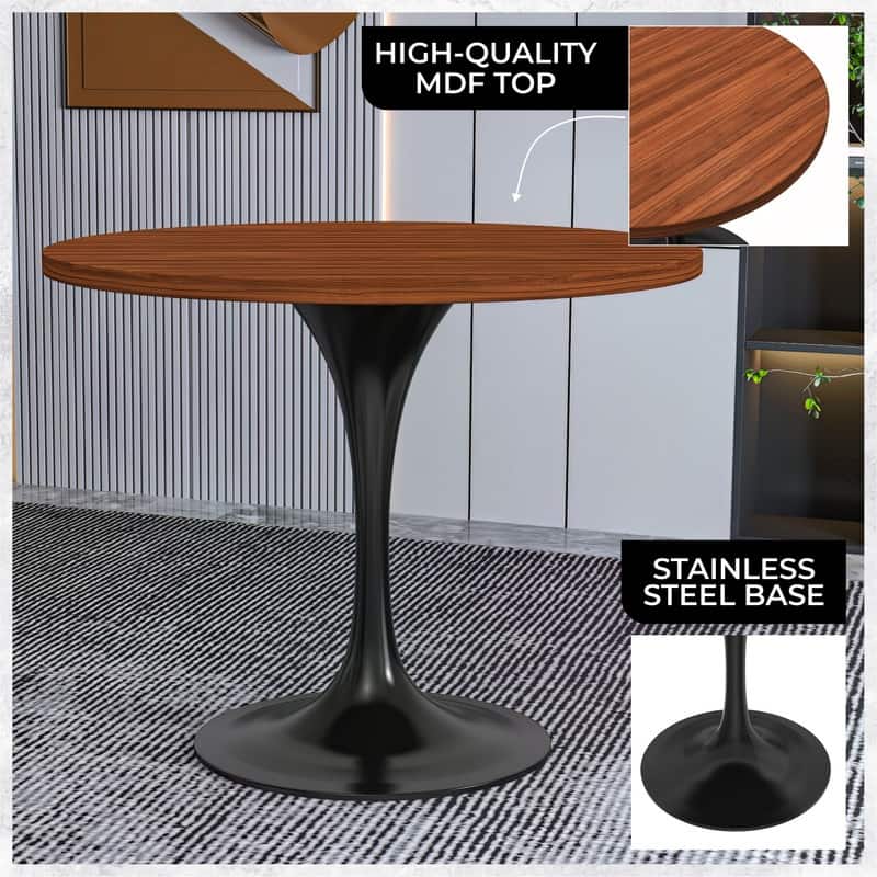 LeisureMod Verve 36" Round Dining Table with MDF Wood TableTop and Black Steel Base for Kitchen & Dining Room
