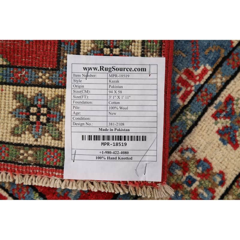 Red Geometric Kazak Oriental Foyer Rug Hand-Knotted Wool Carpet - 1'11" x 3'1"