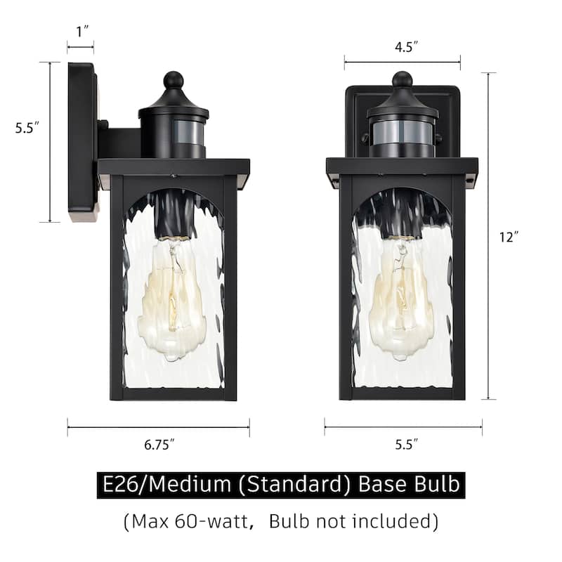 12 in. 1-Light Matte Black Motion Sensing Dusk to Dawn Outdoor Hardwired Wall Lantern Sconce with Clear Water Wave Glass