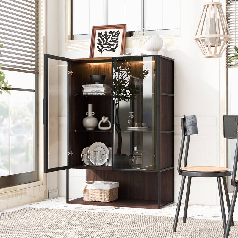 51.2'' Brown Lighted Display Cabinet: Glass Door, Metal Frame, 4-Tier Adjustable Shelves - Freestanding Pantry