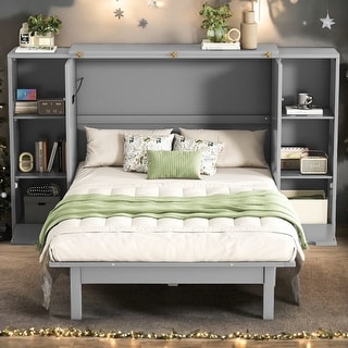Queen Size Murphy Bed with Shelves and USB Ports - White
