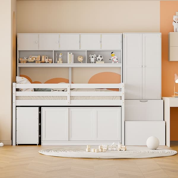 slide 2 of 29, Twin Size Loft Bed Big Storage Bed with Desk and Drawers, Shelves White