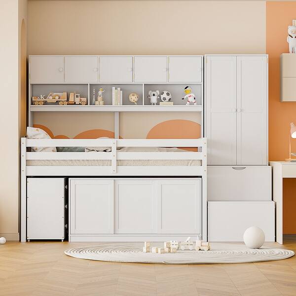 slide 2 of 56, Wooden Low Loft Bed Frame with Desk, Wardrobe & Big Storage White - Twin