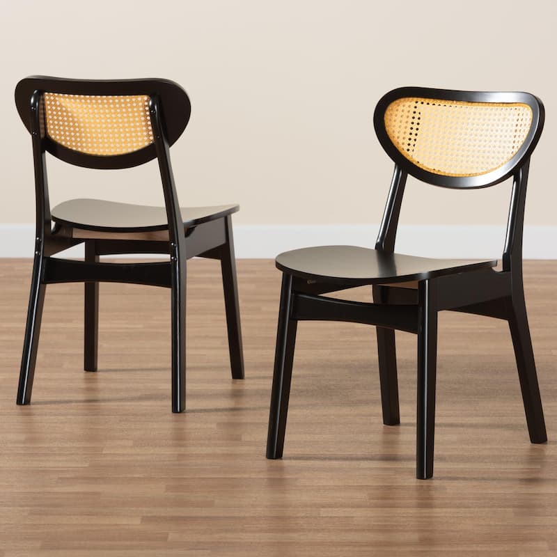 Hesper Mid-Century Modern Wood and Rattan 2-Piece Dining Chair Set